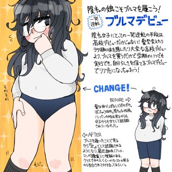 1girl arms_behind_back black_hair black_socks blue_buruma blue_shorts buruma fat fat_woman glasses hand_on_own_leg hand_up highres jimiko long_sleeves messy_hair moviegentleman multiple_views original panties panties_under_buruma shirt shorts socks translation_request underwear wavy_mouth white_shirt
