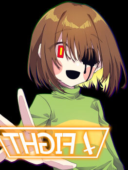 1other :d black_background blush_stickers brown_hair chara_(undertale) commentary_request english_text gameplay_mechanics green_shirt highres missing_eye mixed-language_commentary open_mouth red_eyes shirt short_hair simple_background smile solo undertale upper_body utdr_(toby_fox) variant_set yami_nabe