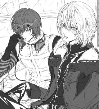 Rule 34 | 2boys, 8knff, art program in frame, black gloves, black vest, cigarette, coat, cross, cross necklace, death note, facial scar, fur-trimmed coat, fur-trimmed vest, fur trim, gloves, goggles, goggles on head, greyscale, hair between eyes, hair over one eye, headphones, headphones around neck, jewelry, looking at viewer, male focus, matt (death note), mello (death note), monochrome, multiple boys, necklace, no eyebrows, parted lips, scar, scar across eye, scar on cheek, scar on face, shirt, short hair, sketch, smoking, striped clothes, striped shirt, upper body, vest, zipper pull tab