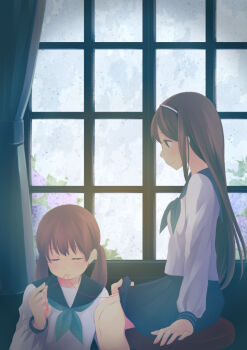 2girls ahira_yuzu black_neckerchief black_skirt breasts brown_eyes brown_hair closed_eyes closed_mouth commentary_request curtains flower green_neckerchief hairband hydrangea indoors long_hair long_sleeves low_twintails mouth_hold multiple_girls neckerchief on_stool original pleated_skirt profile purple_flower rain school_uniform serafuku shirt sideways_mouth sitting skirt small_breasts smile stool string string_around_finger string_of_fate top_of_moe_2013 twintails very_long_hair white_hairband white_shirt window yuri