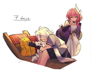 1boy 1girl bare_shoulders black_shorts breasts coat commentary cyrene_(aedes_elysiae)_(honkai:_star_rail) cyrene_(honkai:_star_rail) dog dress english_commentary hair_ornament highres honkai:_star_rail honkai_(series) jewelry multicolored_hair necklace phainon_(a_dream_scented_in_wheat)_(honkai:_star_rail) phainon_(honkai:_star_rail) pillow pink_hair purple_coat purple_shirt shirt short_hair shorts simple_background sleeping small_breasts smile ssiba_one two-tone_hair white_background white_dress white_hair