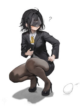 Rule 34 | 1girl, ?, absurdres, alternate costume, arknights, arknights: endfield, black hair, black mask, black pantyhose, black shoes, black skirt, black suit, collared shirt, commentary, egg, endministrator (arknights), facing to the side, female endministrator (arknights), formal clothes, hidulume, high heels, highres, holding, long sleeves, medium hair, neck ribbon, office lady, pantyhose, pencil skirt, ribbon, shirt, shoes, simple background, skirt, solo, squatting, suit, untranslatable commentary, white background, white shirt, yellow ribbon