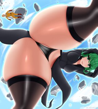 1boy 1girl absurdres ass black_dress black_panties black_thighhighs blue_sky breasts cameltoe closed_mouth curly_hair day debris dress from_below green_eyes green_hair highres huge_ass long_sleeves looking_at_viewer matching_hair/eyes medium_breasts one-punch_man panties saitama_(one-punch_man) shiny_skin short_hair skindentation sky tatsumaki thethighmessiah thick_thighs thighhighs thighs underwear