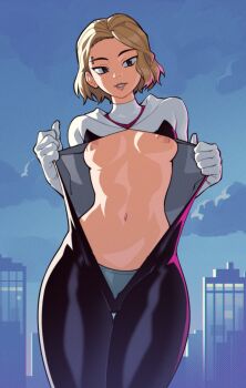 1girl blonde_hair bodysuit breasts eyebrow_piercing face_piercing flashing gwen_stacy highres hood hood_down hooded_bodysuit looking_at_viewer marvel nipples open_bodysuit open_clothes panties piercing seductive_smile short_hair skin_tight small_breasts smile solo spider-gwen spider-man:_into_the_spider-verse spider-man_(series) spider-verse suoiresnu superhero_costume thighs underwear