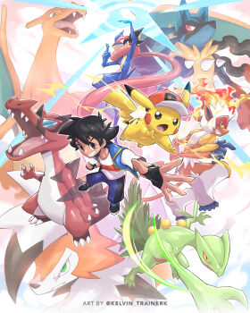 1boy ash-greninja ash_ketchum baseball_cap black_eyes black_hair blue_eyes brown_eyes charizard claws closed_mouth colored_sclera fingerless_gloves gen_1_pokemon gen_3_pokemon gen_4_pokemon gen_5_pokemon gen_6_pokemon gen_7_pokemon gloves green_eyes greninja grin hat highres infernape kelvin-trainerk krookodile lucario lycanroc lycanroc_(dusk) male_focus mega_lucario mega_pokemon nintendo open_mouth pikachu pokemon pokemon_(anime) pokemon_(creature) pokemon_journeys red_eyes sceptile smile spikes sunglasses yellow_sclera