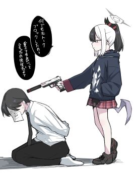 Rule 34 | 1boy, 1girl, absurdres, arm up, arms behind back, at gunpoint, black choker, black hair, black hoodie, black horns, black necktie, black pants, black shirt, black shoes, blue archive, choker, closed mouth, commentary request, curled fingers, demon horns, double-parted bangs, ear piercing, earclip, feet up, finger heart, from side, grey halo, gun, hair between eyes, halo, handgun, heart, highres, holding, holding gun, holding weapon, hood, hood down, hoodie, horns, kayoko (blue archive), kneeling, leaning forward, long eyebrows, long sidelocks, looking at another, medium hair, multicolored hair, necktie, nyanzai-sensei, pants, piercing, pink pupils, ponytail, raised eyebrows, red eyes, sensei (blue archive), shirt, shoes, short hair, sidelocks, simple background, smile, socks, speech bubble, standing, suppressor, sweatdrop, translation request, two-tone hair, weapon, weapon request, white background, white hair, white shirt, white socks, zipper