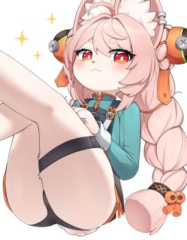 1girl :3 animal_ear_fluff animal_ear_piercing animal_ears black_panties blush braid braided_twintails bright_pupils closed_mouth furry furry_female green_shirt hair_between_eyes hair_ornament highres kenken_(keuken) legs_up loli long_hair looking_at_viewer panties pink_fur pink_hair rabbit_ears rabbit_girl red_eyes red_hair screw shirt short_eyebrows simple_background solo sparkle sphere_hair_ornament thick_eyebrows thigh_strap underwear white_background white_pupils zenless_zone_zero zhao_(zenless_zone_zero)