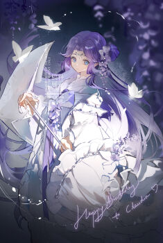 Rule 34 | 1girl, blue eyes, bow, bowtie, bug, butterfly, closed mouth, dress, hair bow, happy birthday, highres, insect, long hair, long sleeves, original, parted bangs, purple bow, purple bowtie, purple hair, solo, watermark, white bow, white butterfly, white dress, wide sleeves, zeriko