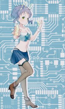 Rule 34 | 1girl, bare shoulders, black panties, black thighhighs, blue background, blue shirt, blue skirt, boots, breasts, brown boots, card, circuit board, cleavage, collarbone, commentary request, crop top, full body, garter straps, high heel boots, high heels, highleg, highleg panties, highres, holding, holding card, idolmaster, idolmaster million live!, idolmaster million live! theater days, legs, makabe mizuki, miniskirt, navel, panties, pasta million39, pleated skirt, purple hair, rabbit ears antenna, serious, shirt, short hair, sidelocks, skirt, small breasts, solo, standing, stomach, thighhighs, thighs, thong, underwear, yellow eyes