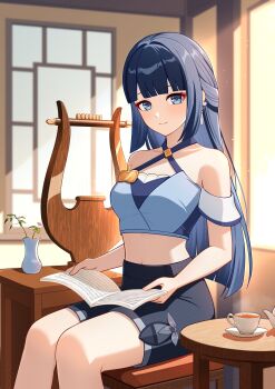 1girl absurdres bare_shoulders black_shorts blue_eyes blue_hair book breasts chair closed_mouth commentary_request criss-cross_halter crop_top cup earrings eyeliner halterneck highres hobio holding holding_book indoors instrument jewelry long_hair looking_at_viewer lyre makeup medium_breasts midriff navel on_chair open_book original plant potted_plant saucer sheet_music short_sleeves shorts sitting smile solo sunlight table tea teacup teapot window