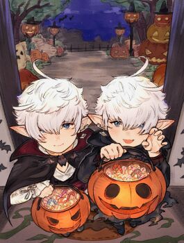 1boy 1girl :d absurdres ahoge alisaie_leveilleur alphinaud_leveilleur alternate_costume black_cape blue_eyes bucket candy cape claw_pose elezen elf fang final_fantasy final_fantasy_xiv food halloween halloween_bucket halloween_costume highres holding holding_bucket hutaba_0718 looking_at_viewer open_mouth pointy_ears skin_fang smile trick_or_treat white_hair