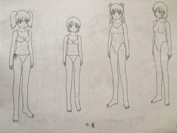 00s 4girls alternate_hairstyle barefoot bikini breasts curvy doi_shizuha full_body highleg highleg_one-piece_swimsuit honjo_mikaze kikuhara_karin long_hair looking_at_viewer monochrome multiple_girls nakamura_ayamo narrow_waist navel official_art one-piece_swimsuit reference_sheet scan short_hair side-tie_bikini_bottom smile source_request stratos_4 swimsuit twintails