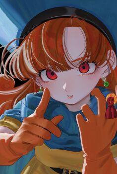1girl alena_(dq4) belt black_belt blue_cape blue_hat blunt_bangs blush cape cape_hold curly_hair dragon_quest dragon_quest_iv dress earrings eyelashes gloves hat highres jewelry long_hair looking_at_viewer okita_(sukult_4) orange_gloves orange_hair parted_lips pink_lips red_eyes solo sphere_earrings tunic upper_body yellow_dress yellow_tunic