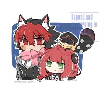 1boy 1girl bandaged_arm bandages black_hair black_jacket commentary_request green_eyes jacket jewelry kamanosuke_(zenless_zone_zero) komano_manato memoo_cchi multicolored_hair necklace pink_scarf pink_sweater red_bandage red_eyes red_hair scar scar_on_face scarf shirt size_difference sweater tanuki ukinami_yuzuha white_shirt zenless_zone_zero