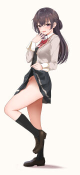 1girl absurdres black_hair black_skirt black_socks blazer bow bowtie brown_jacket brown_shoes clothes_lift collared_shirt gibun_(sozoshu) highres jacket kneehighs lifting_own_clothes loafers long_hair looking_at_viewer no_panties pleated_skirt ponytail purple_eyes red_bow red_bowtie school_uniform shirt shoes short_ponytail skirt skirt_lift smile socks solo suou_yuki teasing tokidoki_bosotto_roshia-go_de_dereru_tonari_no_alya-san
