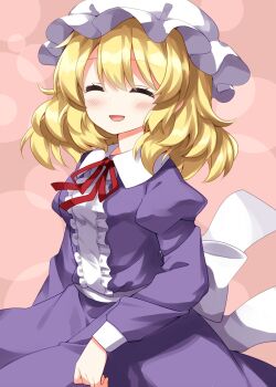 1girl :d back_bow blonde_hair blush bow center_frills closed_eyes commentary cowboy_shot dress frills hat highres juliet_sleeves long_sleeves looking_at_viewer maribel_hearn mob_cap neck_ribbon open_mouth pink_background puffy_sleeves purple_dress red_ribbon ribbon ruu_(tksymkw) short_hair smile solo touhou white_bow white_hat