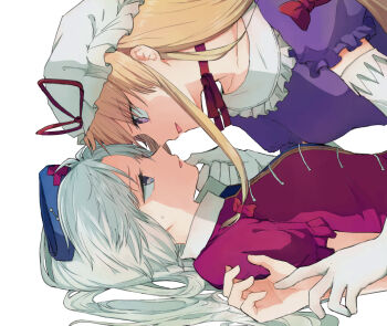 2girls blonde_hair blue_dress blue_eyes blue_hat bow commentary_request dress elbow_gloves eye_contact gloves hair_bow hand_on_another&#039;s_chin hat hat_ribbon long_hair looking_at_another lying mob_cap mochimo-cheese multiple_girls nurse_cap on_back puffy_short_sleeves puffy_sleeves purple_dress purple_eyes red_dress red_ribbon ribbon short_sleeves simple_background touhou white_background white_gloves white_hat yagokoro_eirin yakumo_yukari yukadon yuri