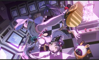 1girl arcade arcade_cabinet bangboo_(zenless_zone_zero) bare_shoulders black_hair black_shoes black_shorts braid braided_twintails cable character_doll checkered_floor china_dress chinese_clothes clear_water commentary_request controller crane_game detached_sleeves dialyn_(zenless_zone_zero) doll dress earrings eous_(zenless_zone_zero) hair_extensions hair_ornament highres indoors jewelry long_hair multicolored_hair necktie open_mouth panda_hair_ornament pelvic_curtain ring_hair_extensions shoes shorts sparkle sparkling_eyes split-color_hair stuffed_toy thighhighs upside-down white_hair white_thighhighs yellow_eyes yellow_necktie zenless_zone_zero