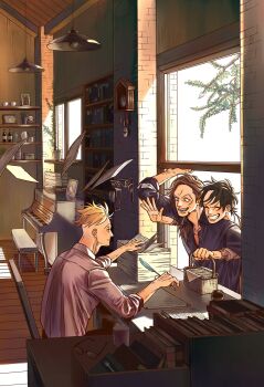 3boys adam's_apple analog_clock basket bird blonde_hair blue_shirt bottle branch brown_hair cat clock cuckoo_clock cup freckles glasses greyscale grin hanging_light highres holding holding_basket holding_quill indoors inkwell instrument looking_at_another male_focus marco_(one_piece) model_ship monochrome mug multiple_boys murokan_77 one_piece open_mouth paper_airplane paper_stack piano picture_frame plant portgas_d._ace potted_plant purple_shirt quill shirt smile steam stitched_face stitches thatch_(one_piece) wind window wooden_floor