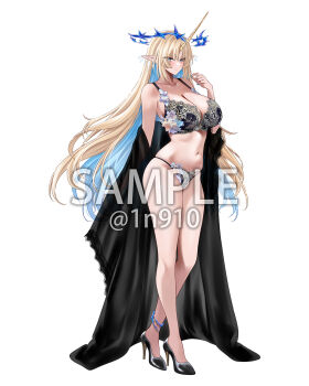 1girl bare_shoulders black_bra black_panties black_robe black_shoes blonde_hair blue_eyes blue_hair blue_nails blush bra breasts cleavage closed_mouth clothes_down collarbone commentary crown_of_thorns earrings fingernails fleurdelys_(wuthering_waves) floating_earrings hand_up high_heels highres horns huge_breasts jewelry long_hair long_horns m_(1n910) nail_polish navel open_clothes open_robe panties pointy_ears robe sample_watermark shoes sidelocks simple_background single_horn smile solo stomach tachi-e thighs twitter_username underwear very_long_hair watermark white_background wuthering_waves yellow_horns