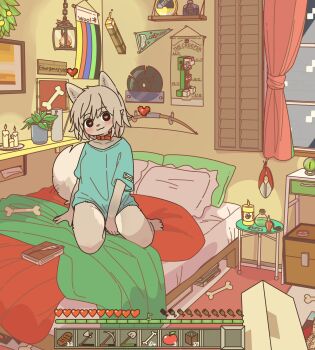 1boy 1girl aqua_shirt bed bedroom black_eyes blanket body_fur bone book bottle bow_(weapon) candle chest_(furniture) choker collar commentary compass curtains english_commentary furry furry_female grey_fur grey_hair heads-up_display health_bar heart heart-shaped_pupils highres indoors kneeling lantern mike_no_hito minecraft mouth_hold on_bed perfume_bottle pillow plant potted_plant pov red_choker shears shelf shirt short_sleeves symbol-shaped_pupils thighs torch user_interface vial vinyl_record weapon window window_shutter wolf_(minecraft)