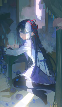 1girl absurdres akemi_homura akui_(xinjinjumin331144656321) argyle_clothes argyle_thighhighs arms_on_table black_hair black_thighhighs blue_flower book bow bow_hairband breasts capelet chinese_commentary commentary_request crack_of_light curtains flower frilled_skirt frills from_side furrowed_brow hairband highres indoors layered_sleeves long_hair long_sleeves looking_at_viewer mahou_shoujo_madoka_magica mahou_shoujo_madoka_magica_(anime) on_floor paper parted_lips purple_capelet purple_eyes purple_skirt red_bow red_hairband sitting skirt solo table thighhighs white_flower writing yokozuwari