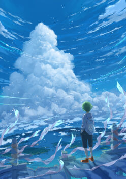 1other absurdres ambiguous_gender black_pants blue_sky bridge capri_pants chinese_commentary cloud cloudy_sky commentary_request converse damaged from_behind full_body green_hair grey_shirt hand_in_pocket highres lake long_sleeves original outdoors pants red_shoes santo_moco scenery shirt shoes short_hair sky sky_focus sneakers standing very_short_hair wind