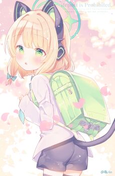 1girl animal_ear_headphones animal_ears artist_name backpack bag black_shorts black_tail black_thighhighs blonde_hair blue_archive blue_necktie blunt_ends blush bow cat_ear_headphones cat_ears cat_tail commentary_request cowboy_shot fake_animal_ears fake_tail falling_petals green_bag green_bow green_eyes green_halo hair_bow halo headphones highres leaning_forward long_sleeves looking_at_viewer low-tied_sidelocks medium_hair midori_(blue_archive) moeno_uni necktie parted_bangs parted_lips petals pink_petals shirt shorts sidelocks sleeves_past_wrists solo tail thighhighs turning_head untucked_shirt watermark white_shirt