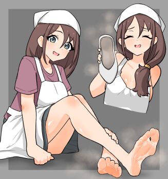 1girl apron barefoot blue_eyes brown_hair feet furutachi_kurea&#039;s_mother headscarf hibi_wa_sugiredo_meshi_umashi highres holding holding_shoes holding_unworn_clothes long_hair looking_at_viewer mature_female nairo open_mouth shoes single_shoe soles steam toes unworn_shoes