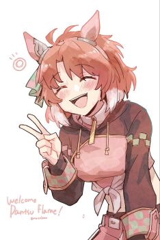 1girl :d ^_^ animal_ears black_jacket breasts brown_hair checkered_ribbon closed_eyes colored_tips dantsu_flame_(center_spotlight)_(umamusume) dantsu_flame_(umamusume) ear_covers english_text facing_viewer green_ribbon highres horse_ears horse_girl jacket leaning_forward long_hair mazu1kan medium_breasts medium_hair midriff multicolored_hair open_mouth pink_ribbon pink_shorts ribbon shorts smile solo tied_jacket umamusume under_table very_long_hair white_hair