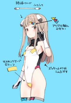 1girl alice_gear_aegis arm_at_side arm_up breasts brown_eyes brown_hair character_profile closed_mouth commentary_request concept_art covered_navel cowboy_shot dot_mouth gloves groin hair_ornament hairclip headband headgear highleg highleg_leotard highres leotard looking_at_viewer rakuhana_meru shimada_fumikane small_breasts solo thighhighs white_gloves white_leotard