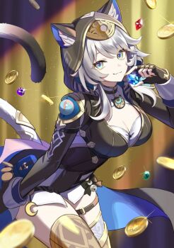 1girl animal_ear_fluff animal_ears animal_hood black_gloves blue_eyes breasts cat_ears cat_girl cat_hood cat_tail cipher_(honkai:_star_rail) cleavage coin fingerless_gloves gloves gold_coin grey_hair honkai:_star_rail honkai_(series) hood kiki-yu large_breasts looking_at_viewer mole mole_on_chest open_mouth short_hair smile solo tail yellow_nails