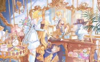 2girls absurdly_detailed_composition absurdres artificial_flower artist_name bare_shoulders black_bow black_gloves black_hat black_thighhighs blonde_hair blue_eyes blue_flower blue_gem blue_rose boots borrowed_accessory bottle bow box box_of_chocolates bust_(sculpture) candelabra candle candlestand closed_mouth commentary_request compact_(cosmetics) cosmetics cup detached_sleeves dress drill_hair drill_sidelocks earrings floral_print flower flower_pot food fruit gem genshin_impact gloves golden_rose hair_bow hair_flower hair_ornament hand_on_another's_head hand_on_another's_shoulder hand_up hat hat_flower heart-shaped_box highres indoors jewelry lemon lemon_slice lily_(flower) lipstick_tube loaded_interior long_hair looking_at_another looking_at_mirror looking_at_self lumine_(genshin_impact) macaron makeup_brush marble_(stone) marble_sculpture mirror multiple_girls nail_polish navia_(genshin_impact) painting_(object) parted_lips partially_fingerless_gloves perfume_bottle pink_flower pink_rose pitcher_(container) plate reflection revision rose rose_print samovar saucer selzara ship's_wheel_ornament short_hair_with_long_locks sidelocks sitting slice_of_life smile sparkling_eyes standing table tea teacup thigh_boots thighhighs umbrella umbrella_stand unworn_earring unworn_hat unworn_headwear unworn_jewelry vanity_table vase very_long_hair wallpaper_(object) white_boots white_dress white_flower white_lily yellow_eyes yellow_flower yellow_rose