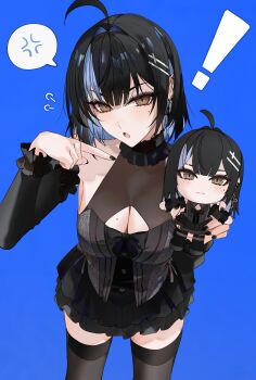 1girl absurdres anger_vein black_hair black_nails black_skirt blue_hair breasts brown_eyes character_doll cleavage doll fingernails gosick goth_fashion gothic_lolita highres kanniiepan lolita_fashion looking_at_viewer medium_breasts mole mole_on_breast mole_under_eye multicolored_hair nail_polish original skirt solo spoken_anger_vein stuffed_toy two-tone_hair