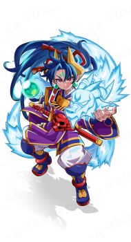 1boy absurdres armored_boots blue_hair boots closed_mouth commentary_request crystal_ball dragon earrings floating_hair forehead_tattoo gold_horns gold_trim hair_ribbon high_ponytail highres himeshiro_(himeno_46) holding holding_sword holding_weapon japanese_clothes jewelry long_hair looking_at_viewer pointy_ears ponytail red_eyes red_ribbon ribbon saiga_(shinrabanshou) sheath shinrabanshou solo sword tattoo watermark weapon