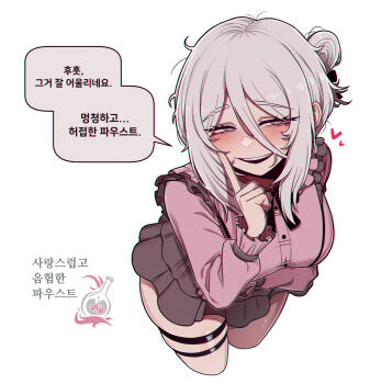 1girl alternate_costume black_skirt blush breasts commentary_request eyelashes faust_(project_moon) from_above grey_hair hair_between_eyes highres jirai_kei korean_commentary korean_text large_breasts limbus_company loose_hair_strand misg1111 project_moon simple_background skindentation skirt smile solo speech_bubble teeth translation_request upper_teeth_only white_background