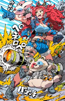 Rule 34 | 1girl, animal, bazooka, belt, boots, breasts, character request, commission, explosive, eye mask, floating hair, full body, gloves, green eyes, grenade, headphones, holding, holding weapon, jacket, kafun, kamen america (comic), kickstarter, large breasts, long hair, mask, navel, open mouth, pointing, pointing to the side, rabbit, raccoon, red hair, shirt, shorts, smile, sound effects, translation request, weapon