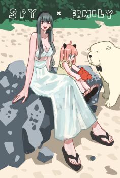 Rule 34 | 2girls, ahoge, animal, anya (spy x family), bond (spy x family), bow, bowtie, dog, earrings, full body, green hair, highres, holding, jewelry, long hair, looking at viewer, multiple girls, open mouth, pink hair, red eyes, sandals, sitting, skirt, smile, spy x family, takeuchi ryousuke, yor briar