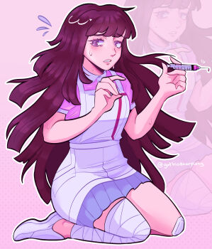 Rule 34 | 1girl, absurdres, apron, bandage on knee, bandaged leg, bandages, blue skirt, clip studio paint (medium), collared shirt, commentary, danganronpa (series), danganronpa 2: goodbye despair, english commentary, eyelashes, flying sweatdrops, full body, ghoticprince, highres, holding, holding syringe, kneeling, long hair, outline, pink background, pink shirt, purple eyes, purple hair, shirt, shoes, short sleeves, simple background, skirt, solo, surprised, sweat, syringe, tsumiki mikan, twitter username, white apron, white outline, white shoes, zoom layer