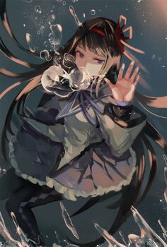 1girl air_bubble akemi_homura akemi_homura_(magical_girl) argyle_clothes argyle_pantyhose asphyxiation black_hair black_pantyhose blue_background bow bowtie bubble capelet circle_skirt collared_capelet commentary dress drowning feet_out_of_frame floating_clothes floating_hair frilled_skirt frills hair_ribbon hairband hand_up highres layered_sleeves light_particles long_hair long_sleeves magical_girl mahou_shoujo_madoka_magica mahou_shoujo_madoka_magica_(anime) miniskirt palms pantyhose pleated_skirt purple_bow purple_bowtie purple_capelet purple_eyes purple_skirt red_hairband red_ribbon ribbon short_dress skirt solo underwater very_long_hair water_drop white_dress wttwj