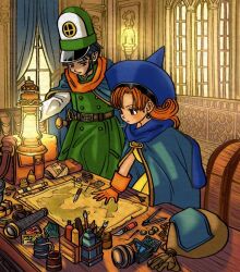 Rule 34 | 1boy, 1girl, alena (dq4), belt, binoculars, blue cloak, blue hair, clift, cloak, curtains, dragon quest, dragon quest iv, gloves, hat, indoors, lantern, long hair, looking at another, map, mitre, okita (sukult 4), orange hair, twintails, window