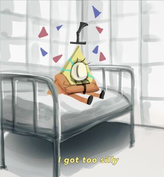 bags_under_eyes bed bill_cipher commentary crossed_arms english_commentary english_text floating_hat gravity_falls hat highres i_got_too_silly_(meme) indoors looking_at_viewer meme n0cturnalcm no_humans one-eyed parent_and_child slit_pupils straitjacket top_hat