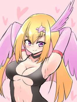 Rule 34 | 1girl, aaru (r platinum), absurdres, arms behind head, bare shoulders, blonde hair, blush, breasts, cleavage, duel monster, feathered wings, feathers, hair between eyes, hair ornament, harpie girl (yu-gi-oh!), harpy, heart, heart hair ornament, highres, long hair, looking at viewer, medium breasts, monster girl, pink background, pink eyes, pink feathers, pink wings, smile, solo, winged arms, wings, yu-gi-oh!
