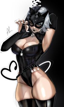 1girl absurdres animal_ears arialla_draws black_hair blue_eyes breasts cat_ears heterochromia highres large_breasts leotard looking_at_viewer luna_snow marvel marvel_rivals mask multicolored_hair short_hair smile snowflake_ornament solo split-color_hair two-tone_hair white_hair