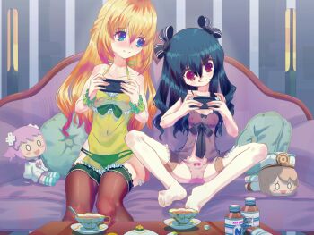 2girls black_bow black_hair black_ribbon black_thighhighs blonde_hair blue_eyes bow breasts choujigen_game_neptune closed_mouth collarbone commission controller covered_navel cup female_focus game_controller green_ribbon hair_ribbon highres holding holding_controller holding_game_controller lewlem long_hair looking_at_another looking_at_viewer medium_breasts multiple_girls navel neptune_(series) nipples pillow playing_games red_eyes ribbon see-through_clothes sitting small_breasts smile soles spread_legs stuffed_toy teacup thigh_strap thighhighs thighs toes uni_(neptunia) vert_(neptunia) white_thighhighs