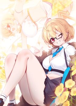 1girl absurdres ahoge black-framed_eyewear blonde_hair blue_archive blush braid breasts cheerleader commentary flower halo highres holding holding_pom_poms kotori_(blue_archive) kotori_(cheer_squad)_(blue_archive) large_breasts looking_at_viewer millennium_cheerleader_outfit_(blue_archive) muffin_top multiple_views official_alternate_costume open_mouth plump pom_pom_(cheerleading) pom_poms red_eyes sankyaku_tako school_uniform semi-rimless_eyewear short_twintails sitting skirt smile sweat teardrop-framed_glasses thighs triangle_halo twintails under-rim_eyewear yellow_halo