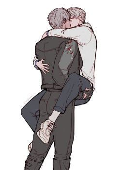 Rule 34 | 2boys, absurdres, arms around neck, artist name, ass, black boots, black gloves, black jacket, black pants, boots, carrying, carrying person, casual, closed eyes, commentary, couple, english commentary, face-to-face, feet out of frame, from behind, gloves, hand on another's back, hand on another's thigh, highres, hood, hood down, hoodie, hug, hug carry, jacket, kiss, knee boots, long sleeves, love and deepspace, male focus, multiple boys, pants, partially fingerless gloves, peachybunny, photo-referenced, shoes, short hair, simple background, sneakers, standing, suspended congress, sylus (love and deepspace), twitter username, very short hair, white background, white hair, white hoodie, white shoes, xavier (love and deepspace), yaoi