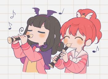 2girls black_hair brown_hair capelet cardigan child closed_eyes commentary_request cropped_torso flute hands_up instrument korean_commentary kurosu_aroma long_sleeves multiple_girls music musical_note paprika_private_academy_school_uniform pink_cardigan playing_flute playing_instrument ponytail pretty_series pripara purple_capelet red_hair sailor_collar school_uniform shiratama_mikan smile sururufu upper_body white_sailor_collar