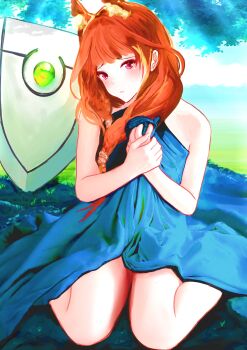 1girl absurdres animal_ear_fluff animal_ears blunt_bangs breasts brown_hair commentary covering_privates day english_commentary full_body hands_up highres holding legendary_shield_(small_shield)_(tate_no_yuusha_no_nariagari) legendary_shield_(tate_no_yuusha_no_nariagari) long_hair medium_breasts nude outdoors parted_lips pink_eyes raccoon_ears raccoon_girl raphtalia shield shy sitting solo swept_bangs tanuki tate_no_yuusha_no_nariagari tree wariza yuukotanawa