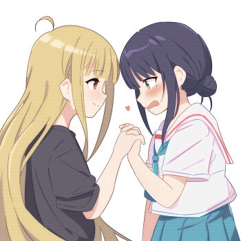 2girls absurdres ahoge black201_wav blonde_hair blue_neckerchief blue_skirt blush chou_kaguya-hime! commentary green_eyes hair_bun hashtag-only_commentary heart highres holding_hands interlocked_fingers kaguya_(chou_kaguya-hime!) looking_at_another mole mole_under_eye multiple_girls neckerchief purple_hair red_eyes sailor_collar sakayori_iroha shirt simple_background skirt smile white_background white_sailor_collar white_shirt yuri